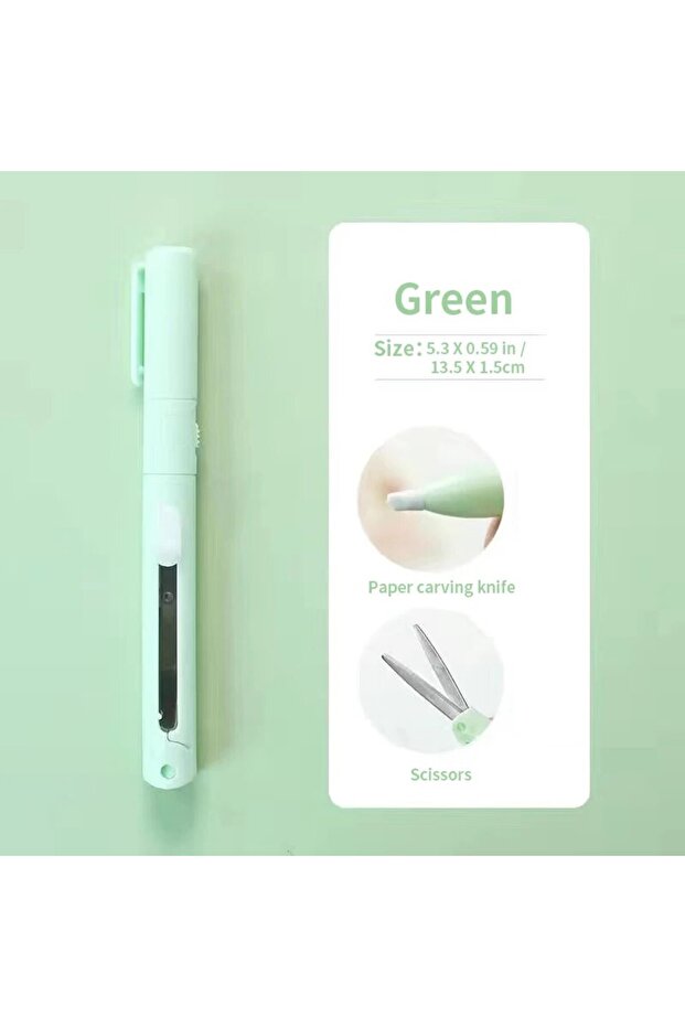 Green 1pc Mini Portable Scissors Paper Cutter Knife 2 In 1 Multifunctional Pocket Pen Shape Scrapboo