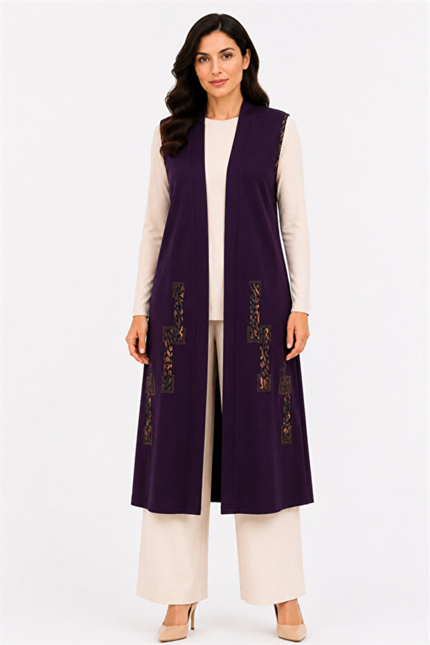 Women's Middle-Aged Patterned Comfortable Fit Flounced Combed Cotton Mother Long Vest 4320