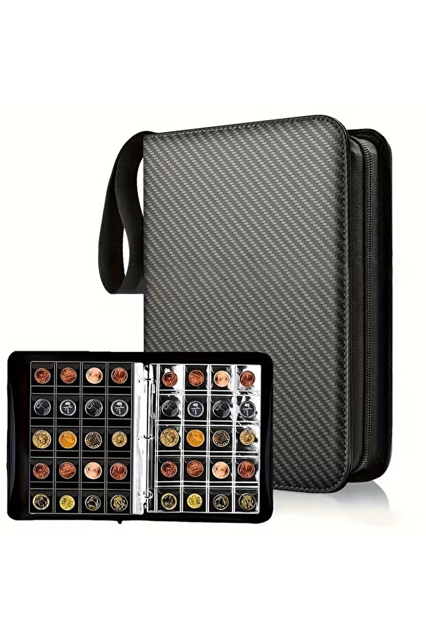 black-200 Zippered PU Coin Collector Book, 200 Coins Holder, 10 Pockets Per Page, Portable Coin Stor