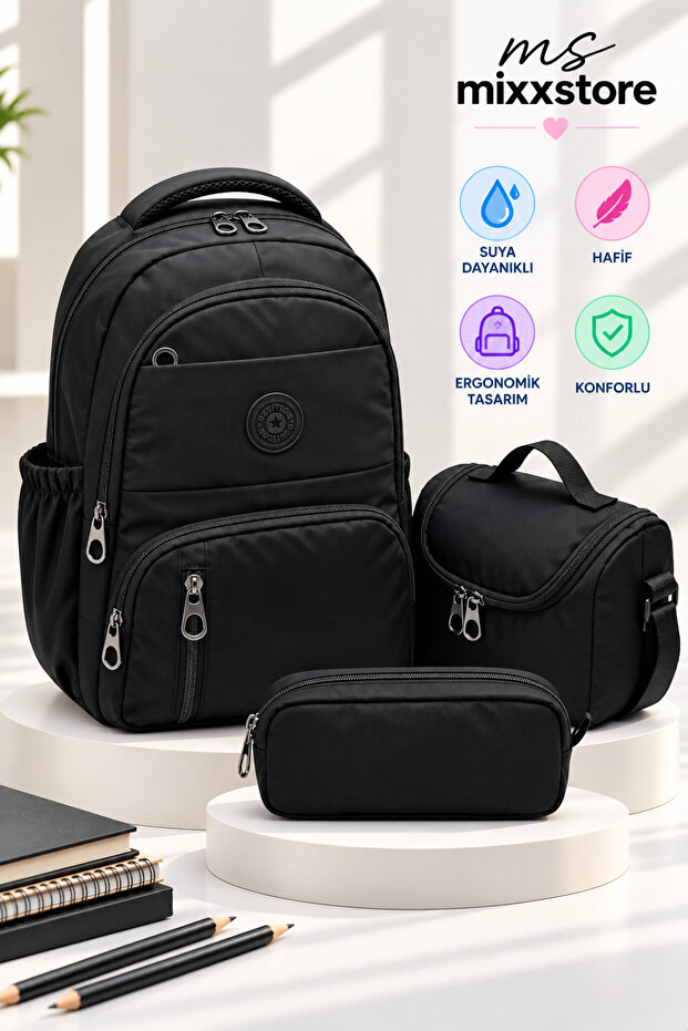 Water Resistant Fabric Foil Backpack School Bag with Lunchbox and Pen Holder Set of 3