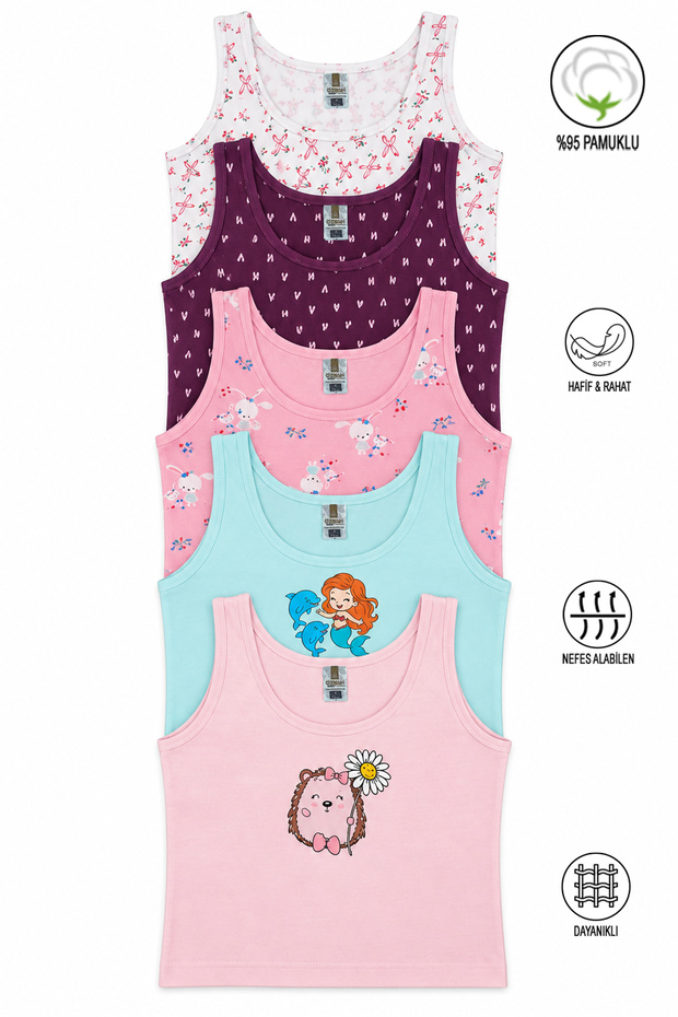 Özkan 41600 5 Pack Girl's Mixed Color Patterned Cotton Soft Comfortable Thick Strap Tank Top