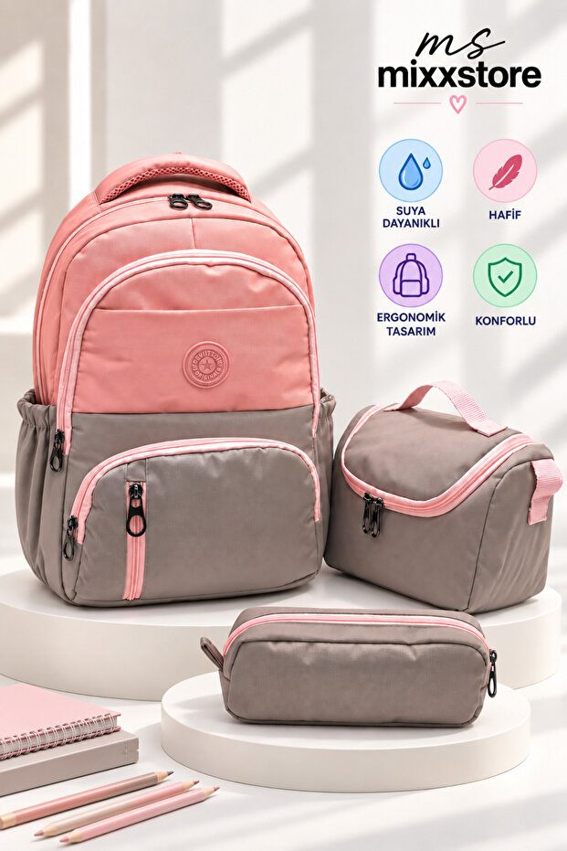Water Resistant Fabric Foil Backpack School Bag with Lunchbox and Pen Holder Set of 3