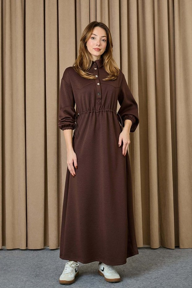 Women's Dress with Tunnel Waist and Snap Detail - 12655Elb Brown