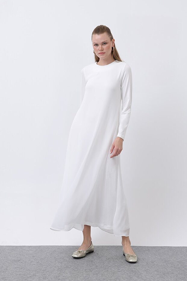 Women's Chiffon Detailed Long Dress - 12447Elb Ecru
