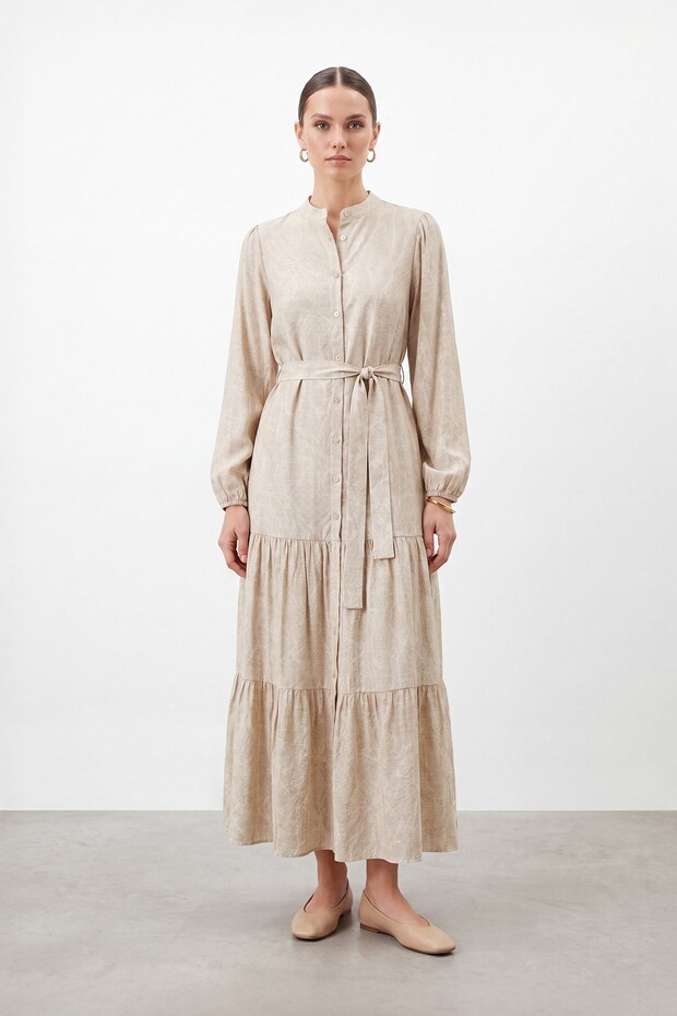 Women's Exotic Patterned Belted Long Dress - 26S-12685Elb Beige