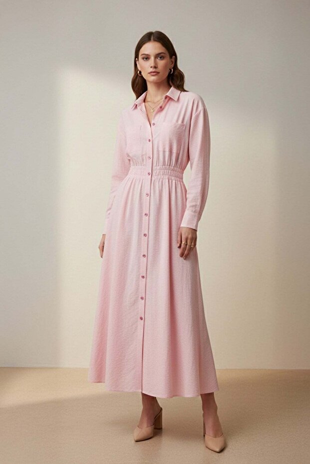 Women's Long Sleeve Shirt Collar Belt Detailed Maxi Dress -20681Elb Pink