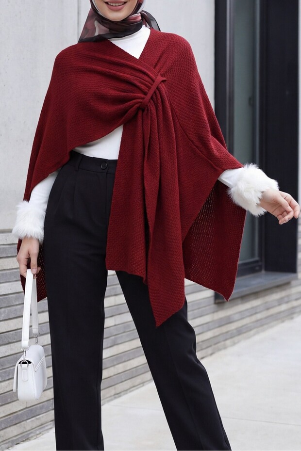 Casual Cut Daily Knitwear Poncho -Burgundy