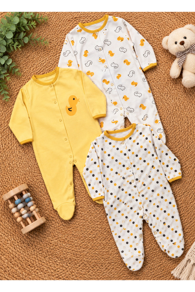 Baby Boy Girl Outfit Duck Patterned 100% Cotton Seasonal Colorful 3-Piece Jumpsuit Set with Booties Newborn