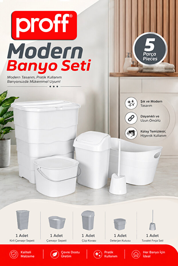 5 Piece Bathroom Set Dirty Laundry Basket Trash Can Detergent Dispenser Toilet Brush