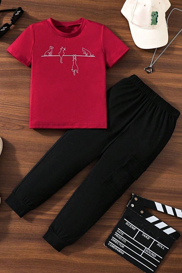 Kids' Naughty Cat Printed Tracksuit Set (Top and Bottom)