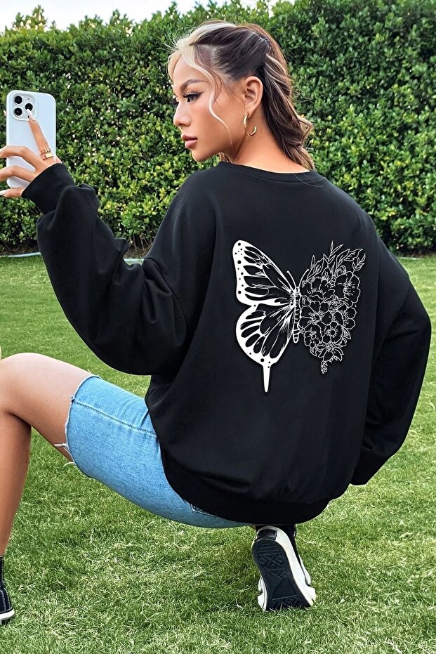 Unisex Drawing Butterflies Printed Crew Neck Sweatshirt