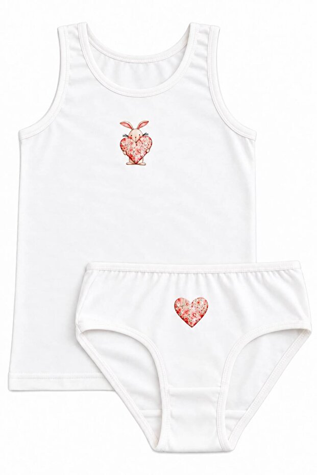 Cute Rabbit Heart Printed Girls' 2-Piece Undershirt Panties Set Cotton Ecru 2 Piece Underwear Set Gift Children's Undershirt Panties Set Ful-2Tkm-15-E