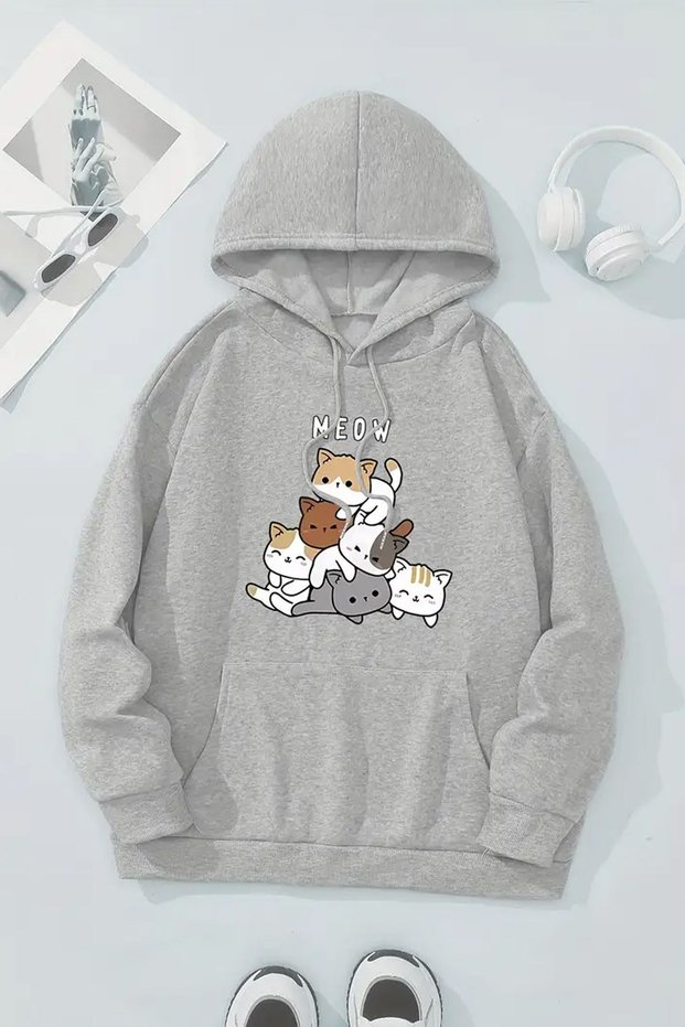 Meow Sweet Cats Printed Oversize Sweatshirt