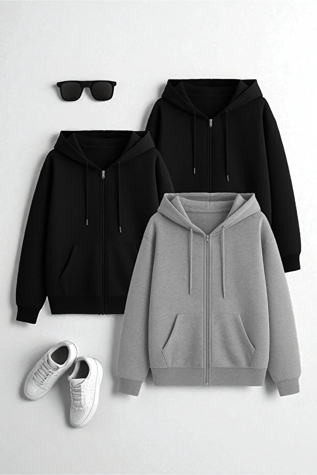 Unisex Black & Black & Grey Zipper Hooded Sweatshirt 3-Piece Opportunity Pack