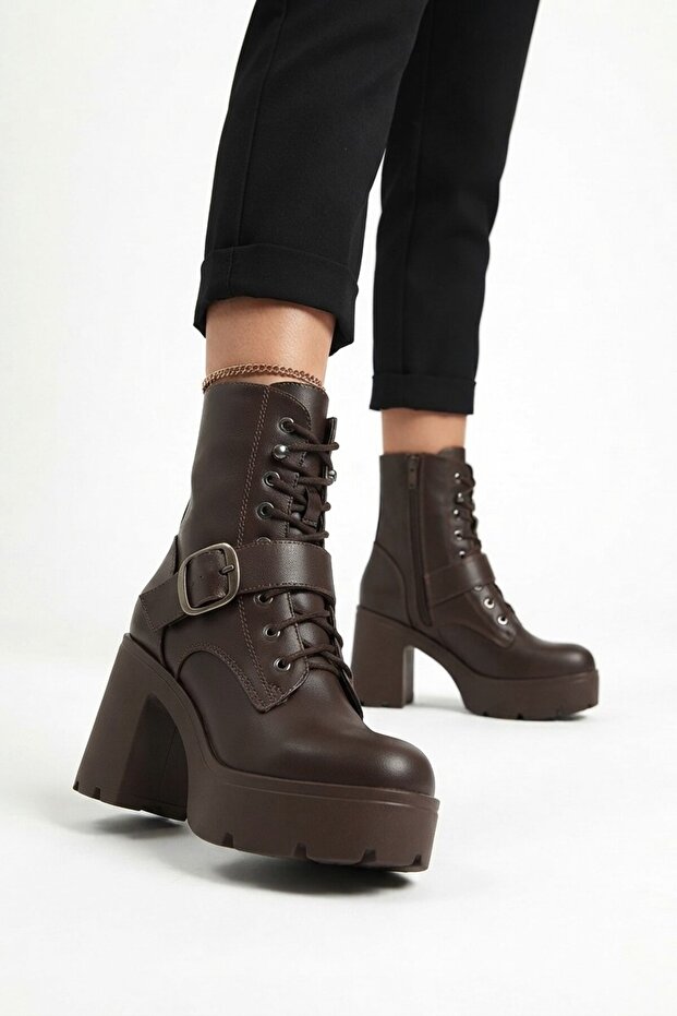 Linma Premium Bitter Brown Wedge Heeled Lace-Up Boots