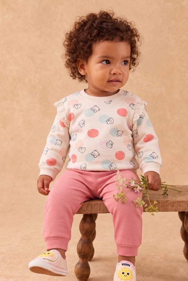 Rocha Baby Girl Teddy Bear and Balloon Printed 2-Piece Set - Set of Cotton with Lace Detailed Shoulder Pieces