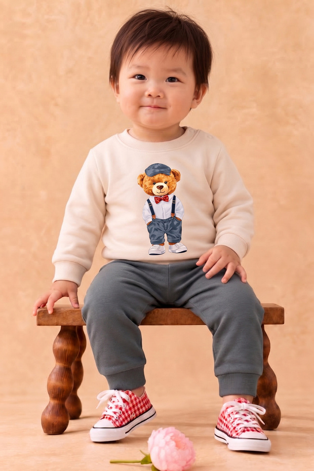Rocha Baby Boy Teddy Bear Printed 2-Piece Set - Teddy Bear Sweatshirt and Pants Set with Straps