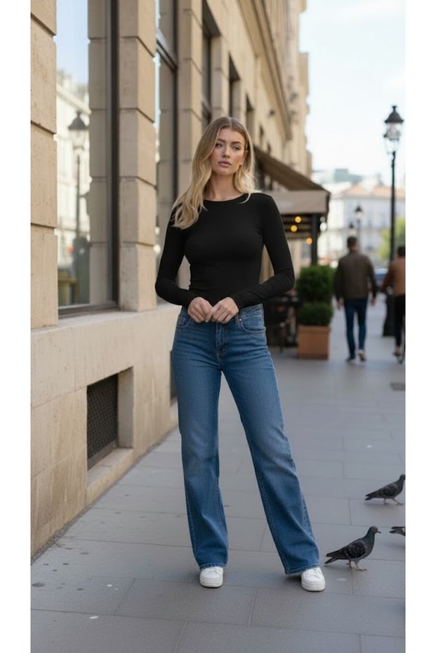 Black Body Darkalıp Slimfit Cotton Crew Neck Blouse Interlock Fabric Long Sleeve Blouse