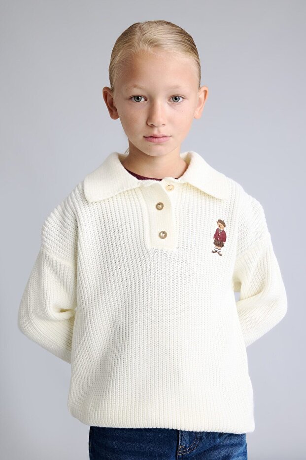 Relax Fit Polo Collar Ribbed Teddy Bear Embroidered Sweater for Girls I3600A826Wn