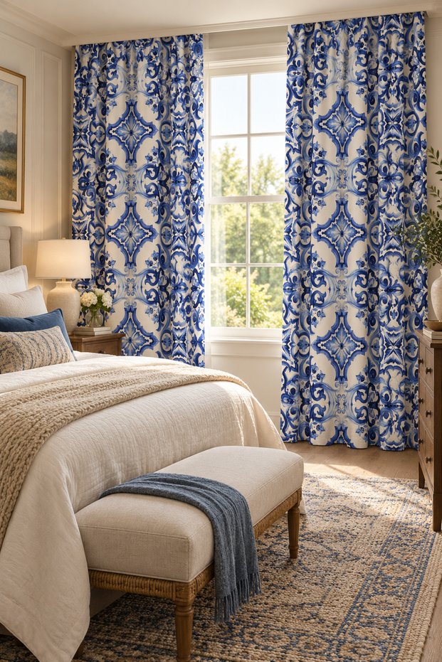 Fond Curtain Blue French Pattern Thick Upholstery Fabric Patterned Bedroom Kitchen Curtain Living Room Curtain Rustic Curtain