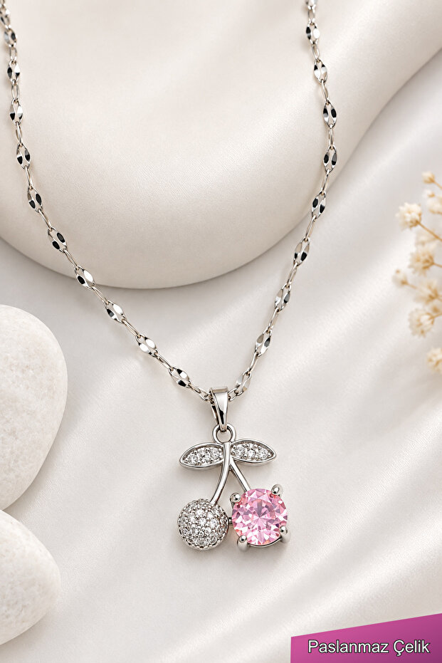 Women's Stainless Steel Silver Chain Cherry Pendant
