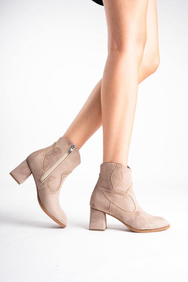 Women's Mink Suede Zippered 7 cm Thick Heeled Winter Boots with Western Detail