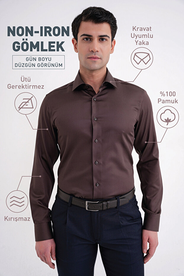 Slim Fit 100% Cotton Non Iron Fabric Brown Shirt Gk 734