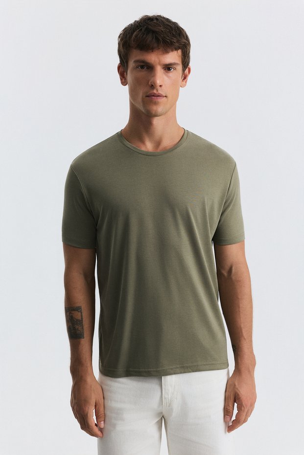 Khaki Regular Fit Modal Technical Fabric Men's T-Shirt