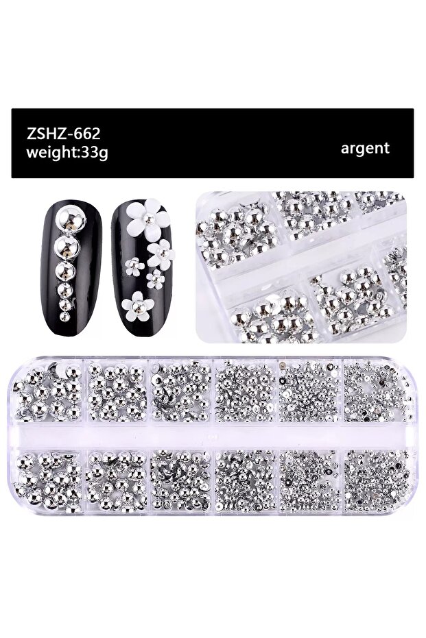 Ivory 12Grid/box Gold Silver Half Round Caviar Bead Nail Charms 2/3/4/5/6mm Flatback Round Steel Nai