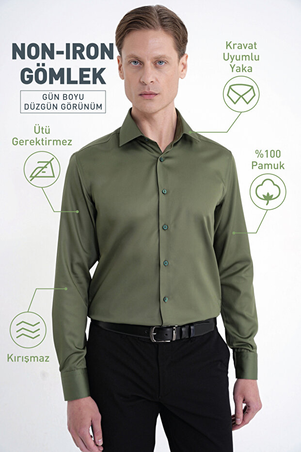 Slim Fit 100% Cotton Non Iron Fabric Khaki Shirt Gk 734
