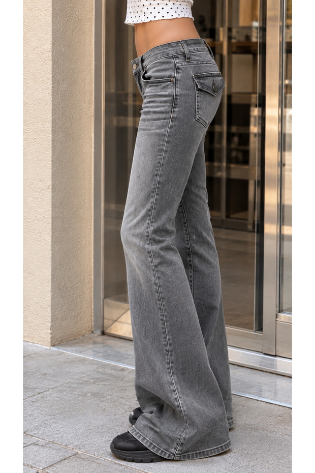 Women's Low Waist Flare Jean Pants with Back Pocket Flap Spanish Flare Leg Stretch Denim