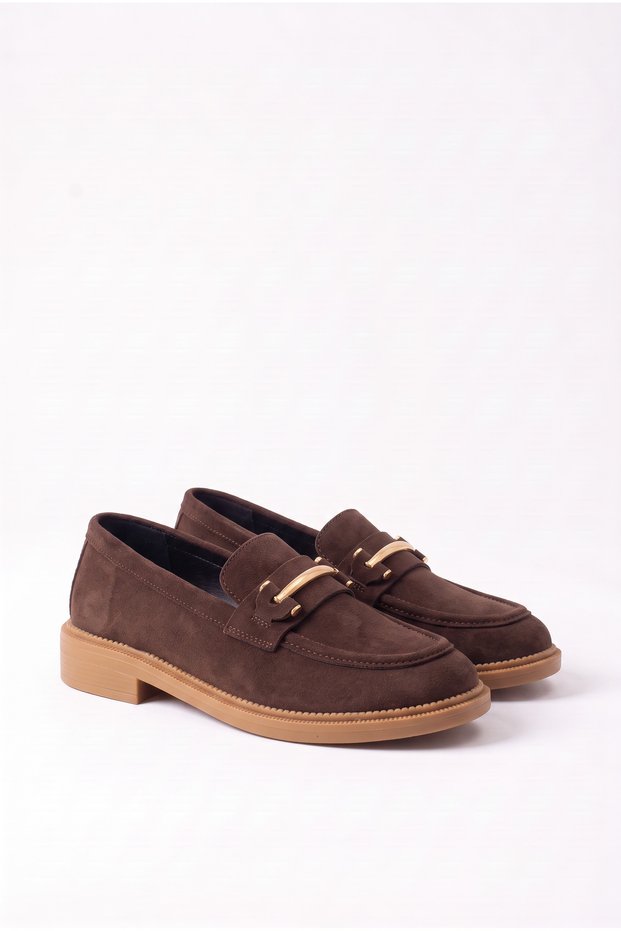 Women's Special Design Elegant Buckle Detailed Brown Suede Loafer Shoes