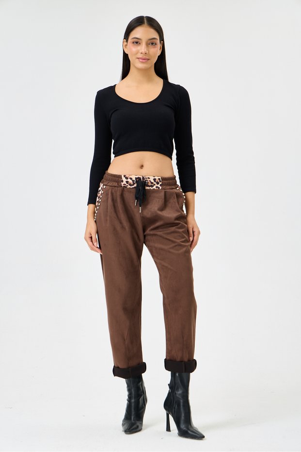 Women's Brown Italian Suede Trousers Leopard Pattern Pocket Stone Detail L Stretch Fabric Wide Fit Elastic Waist