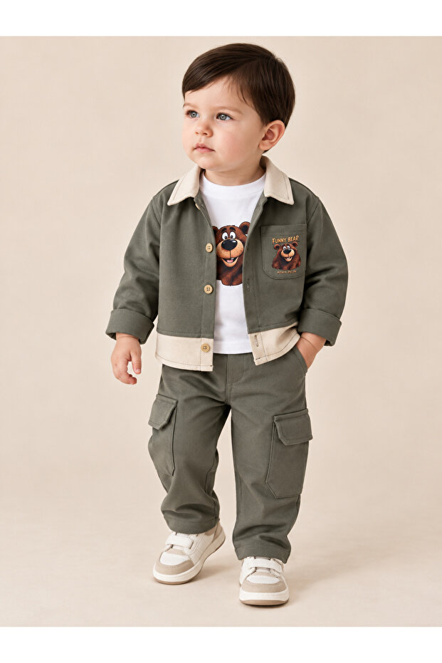 Teddy Bear Printed Stretch Fabric Bodysuit, Buttoned Gabardine Jacket and Bermuda Pocket Detail 3-Piece Baby Boy Set