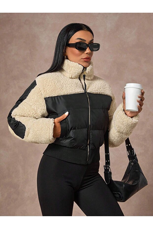 Women's Plush Detail Crop Puffer Coat