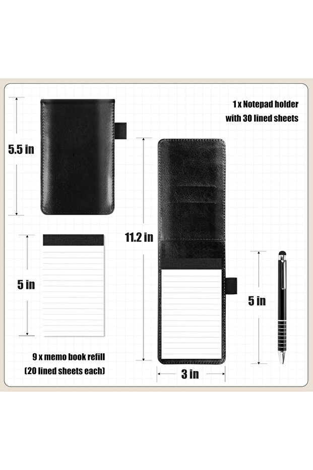 Black(1Pen) Mini Pocket Portable Notepad, Strap-On Pen Holder Meeting Notebook, Pu Leather Hard Cove