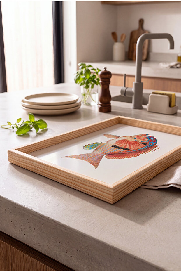 Orange Fish Pattern - Rectangular Coffee Presentation, Engagement, and Serving Tray with Natural Wood Frame