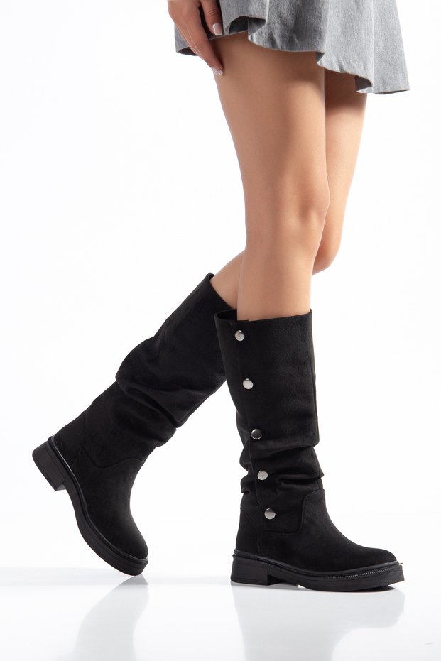 Women's Black Suede Buttoned Boots That Can Be Worn in Two Ways