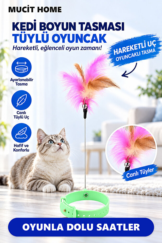 Cat Neck Fishing Rod Adjustable Cat Toy with Moving Feathers Fun Leash
