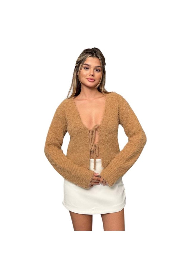 Bearded Tie-Back Camel Color Knitwear Cardigan — Multicolor