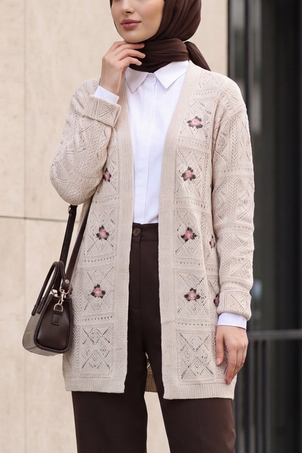 Openwork Embroidered Cardigan -Stone