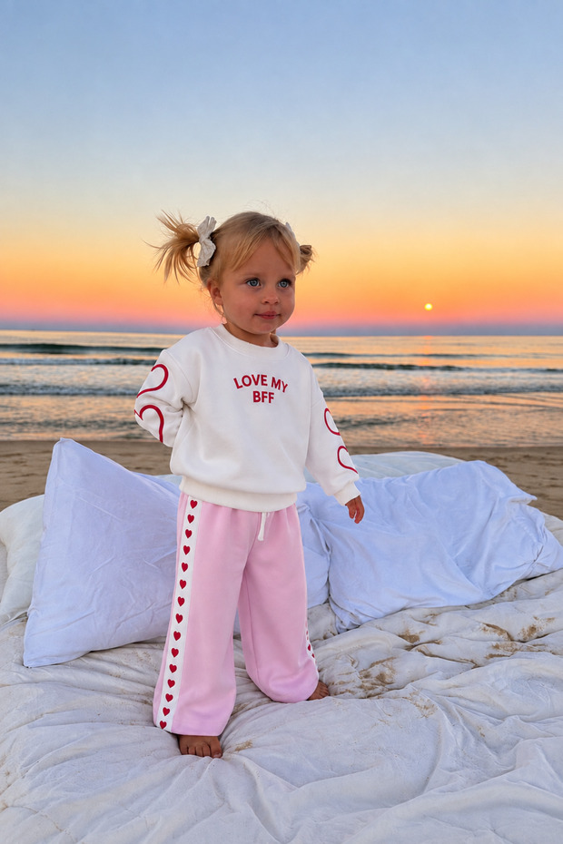 Girl's 100% Cotton 2-Piece Heart Printed Oversize Tracksuit Set Casual Comfortable Set for Kindergarten