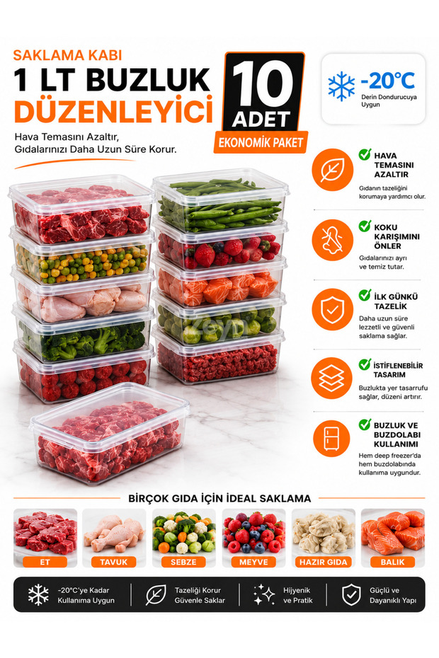 1 Lt Freezer Organizer Storage Container - Food Storage Container with Transparent Lid for Freezer and Refrigerator