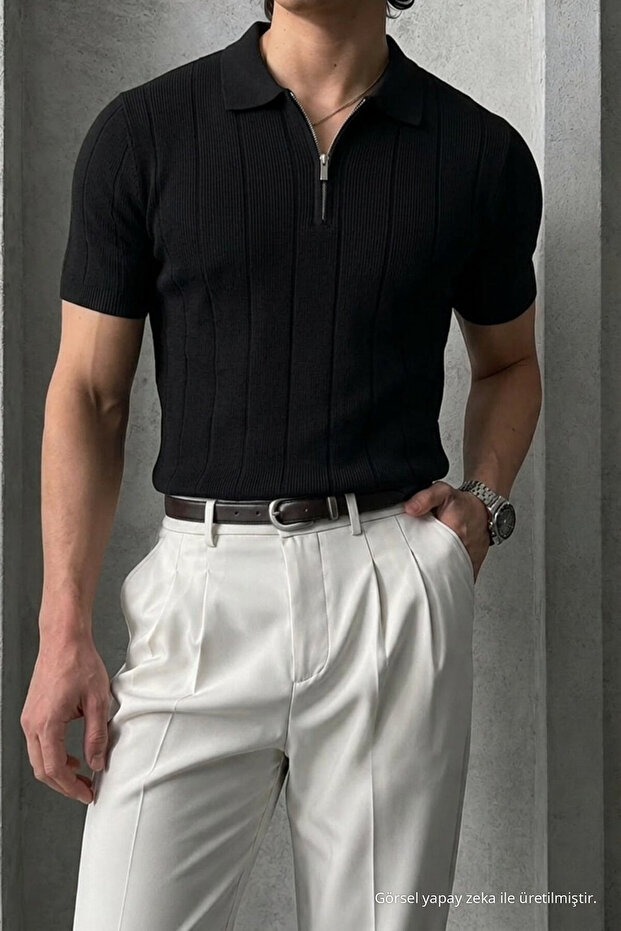 Men's Casual Striped Zippered Black Polo Knitwear T-Shirt