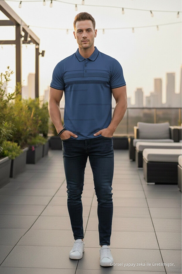 Men's Cotton Pack Premium Comfort Patterned Indigo Polo Neck T-Shirt