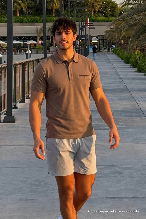 Men's Comfortable Fit Pocket Casual Brown Polo Neck T-Shirt