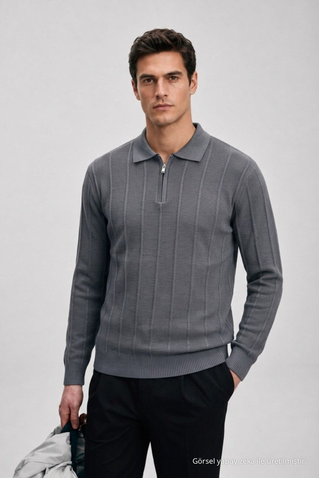 Men's Woven Detailed Zippered Smoked Polo Knit Sweater