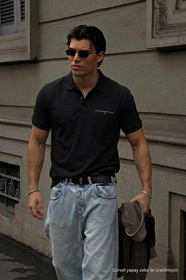 Men's Loose Short Sleeve Black Polo Collar T-Shirt with Pockets