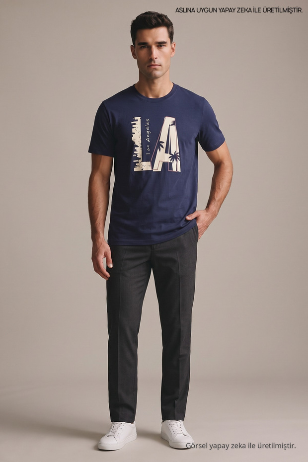 Navy Blue Men's La Printed Crew Neck Loose Fit T-Shirt