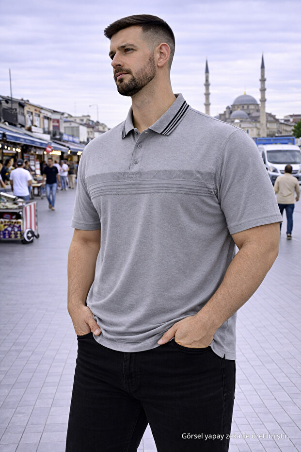 Men's Striped Plus Size Loose Gray Polo Collar T-Shirt